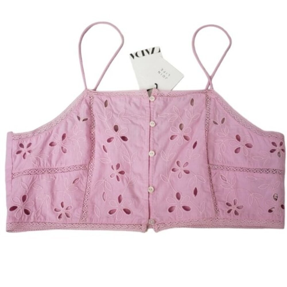 New Zara Cropped Tank Top Women's Size Large Pink Eyelet Barbie Romantic Summer